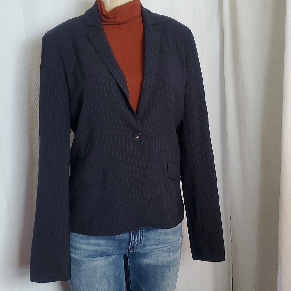 J CREW 96% Virgin Wool Blazer Jacket Navy Blue Pinstripes Size 10